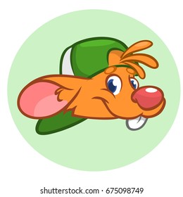 Happy cartoon mouse head. Vector icon of hipster mouse. Design for sticker, icon, logo or emblem