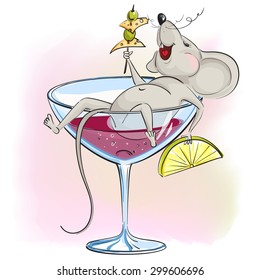 Happy cartoon mouse lies in the glass of wine and holding hands in a cheese. The background is light