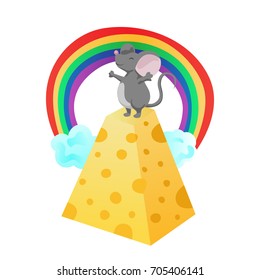 Happy cartoon mouse stands on a piece of cheese.