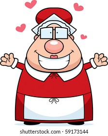 A happy cartoon Mrs. Claus ready to give a hug.