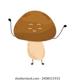 Happy cartoon mushroom illustration on isolated background. Children's theme. For the characters of comics, cartoons, books.