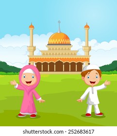 Happy Cartoon Muslim Kids Waving Hand In Front Of Mosque