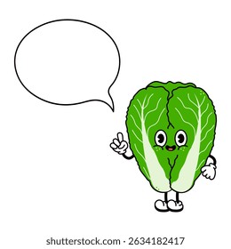 Happy cartoon Napa Cabbage character pointing and speaking with empty speech bubble, ideal for healthy food and vegan concepts