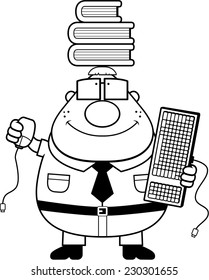 A happy cartoon nerd multitasking with a variety of items.