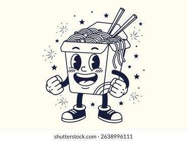 Happy Cartoon Noodle Box Character,Retro Food Mascot, with a smiling face, big cartoon eyes, arms raised in excitement, and wearing sneakers. Vector illustration