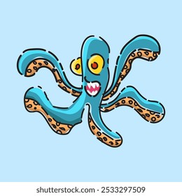 Un pulpo de dibujos animados feliz. Tiene ojos grandes, una lengua rosada y tentáculos marrones.