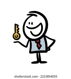 Happy cartoon office man in costume and tie with the golden key of car or building in hand.  Vector illustraton of cute doodle stickman with smile on the face.