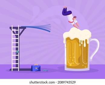 Happy Cartoon Office Worker Dive Into Huge Glass Of Beer After A Hard Week. Vector Illustration Of Businessman Drinking, Parting, Relaxing At The Bar On Friday. Drunk Clerk Hangout With Lager Beverage