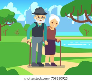 Happy cartoon older female in love outdoors. Old couple in park vector illustration. Couple senior together in green park