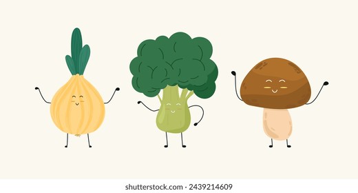 Happy cartoon onion, broccoli, mushroom set on isolated background. Cute cartoon vegetables in flat style. For characters of children's cartoons, comics, prints.