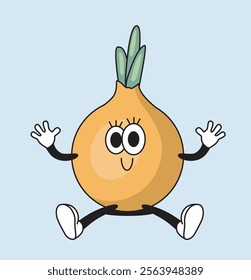 Happy cartoon onion character with big eyes, a smiling face, and a cheerful pose, isolated on a light blue background. Flat cartoon vector illustration