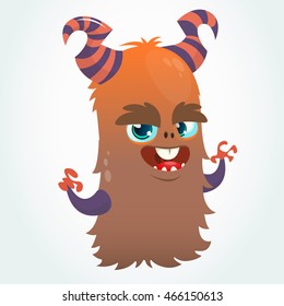Happy cartoon orange and fluffy horned monster . Halloween vector character mascot