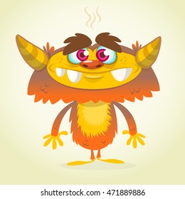 Happy cartoon orange and fluffy  monster . Halloween vector monster