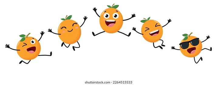 Happy cartoon orange fruit jumping with many expression