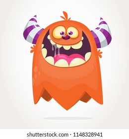 Happy cartoon orange monster character. Halloween vector illustration of excited monster.