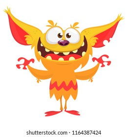 Happy cartoon orange monster. Halloween vector illustration of excited troll or gremlin character