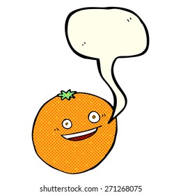 caricatura alegre naranja con burbuja de habla