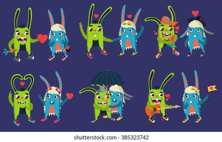 Happy cartoon pair of  bunnies in vector. 

