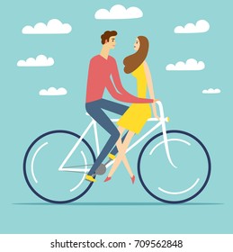 Happy cartoon pair in love riding a bicycle. Love and romantic illustration for your design.