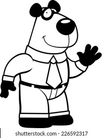 A happy cartoon panda  bear dressed in a shirt and tie.