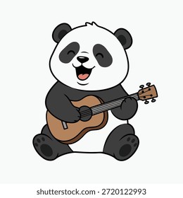 Un oso panda de dibujos animados feliz sentado y tocando una guitarra con una expresión alegre.