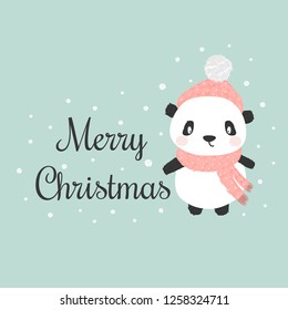 Happy cartoon panda. Character christmas panda. Cute Christmas panda in a hat and scarf in winter. Vector illustration.