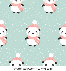 Happy cartoon panda. Character christmas panda. Cute seamless pattern with panda in a hat and scarf in winter. Vector illustration.