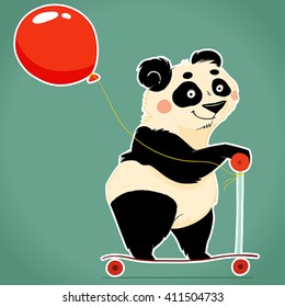 Happy cartoon panda riding a scooter with balloon.