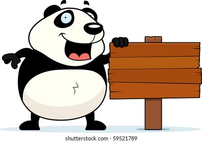 A happy cartoon panda standing next to a sign.