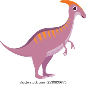 Desenho animado feliz parasaurolophus dinossauro em tons laranja e roxo se sustenta alegremente, perfeito para projetos de ciência ou vida selvagem