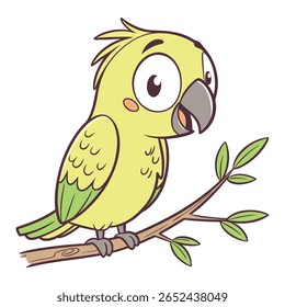Papagaio de desenho animado feliz empoleirado em um projeto de vetor de ramo