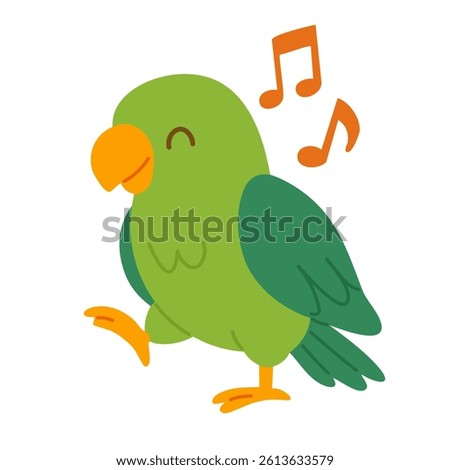 Happy cartoon parrot singing and dancing with music notes. Flat vector clipart of pet bird.