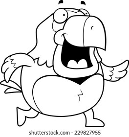A happy cartoon parrot walking and smiling.