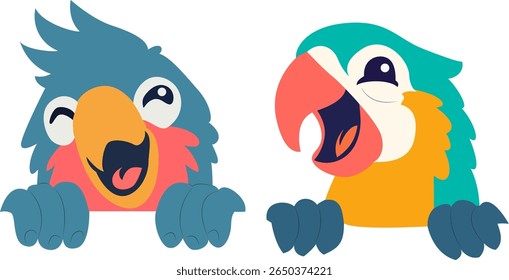 Happy Cartoon Parrots Peeking hand drawn