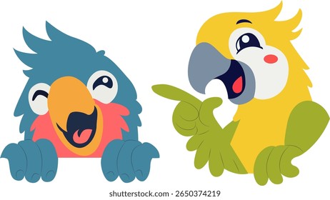 Happy Cartoon Parrots Pointing hand drawn