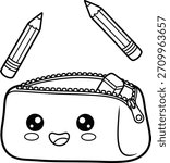 Happy cartoon pencil case with eraser and pencils. Black and white outline drawing vector for kids coloring pages, education worksheets, and school printable activities.
