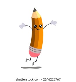 A happy cartoon pencil jumps up and rejoices. The humanized funny pencil is smiling. vector illustration isolated on a white background.