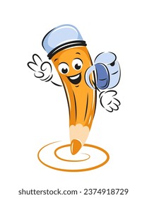 Happy cartoon pencil with school backpack smiles, give ok, cool status. Knowledge and education concept. Vector illustration for children design or school.