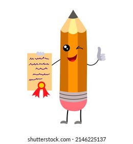 A happy cartoon pencil stands with a letter in his hands. The humanized funny pencil is smiling. vector illustration isolated on a white background.