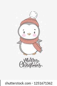 Happy cartoon penguin.  Character
christmas penguin. Cute Christmas penguin in a hat and scarf in winter