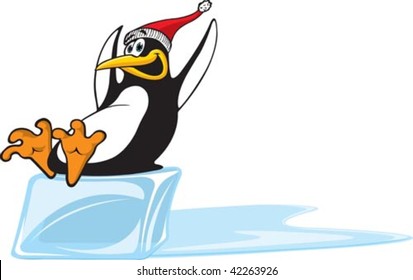 A happy cartoon Penguin sliding on a block of ice. Layered vector file.