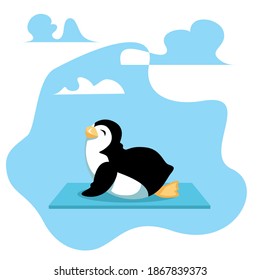 El pingüino de dibujos animados feliz estira su cuerpo en una cobra asana de yoga. El pájaro cierra los ojos disfrutando de la extensión y la fuerza de sus músculos. Ilustración vectorial.