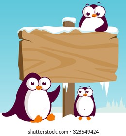 Happy cartoon penguins and blank sign post in the snow. Vector illustration