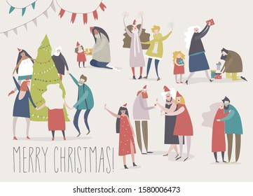 Happy cartoon people celebrate Christmas. Joyful emotions