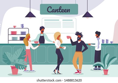 Happy Cartoon People Characters Students Visit Canteen. Men and Women at Office Dining Hall. Male and Female Coworkers Drinking Tea and Chatting. Cashier Serving Visitors. Vector Flat Illustration