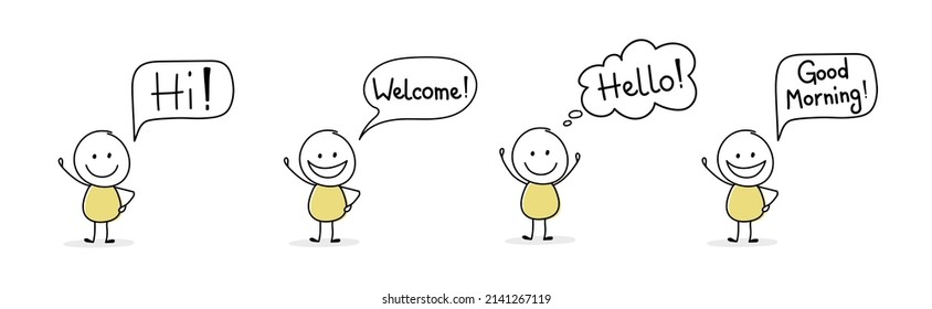 Happy cartoon people with greeting - welcome, hello, hi, good morning. Vector