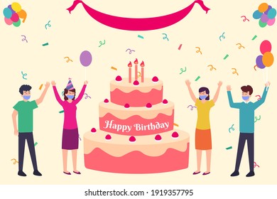 Happy Cartoon People Having Fun At Birthday Party While Wearing Face Mask. Vector Flat Illustration