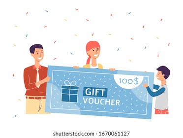 Happy cartoon people holding giant 100 $ gift voucher with falling confetti and smiles. Family of customers celebrating free store credit win - flat isolated vector illustration.