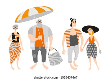 Happy cartoon people on the beach. Mature couple and young lovers. Set of vector illustrations on a white background