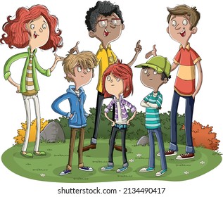 Happy cartoon people in the park. Parents and children talking.
